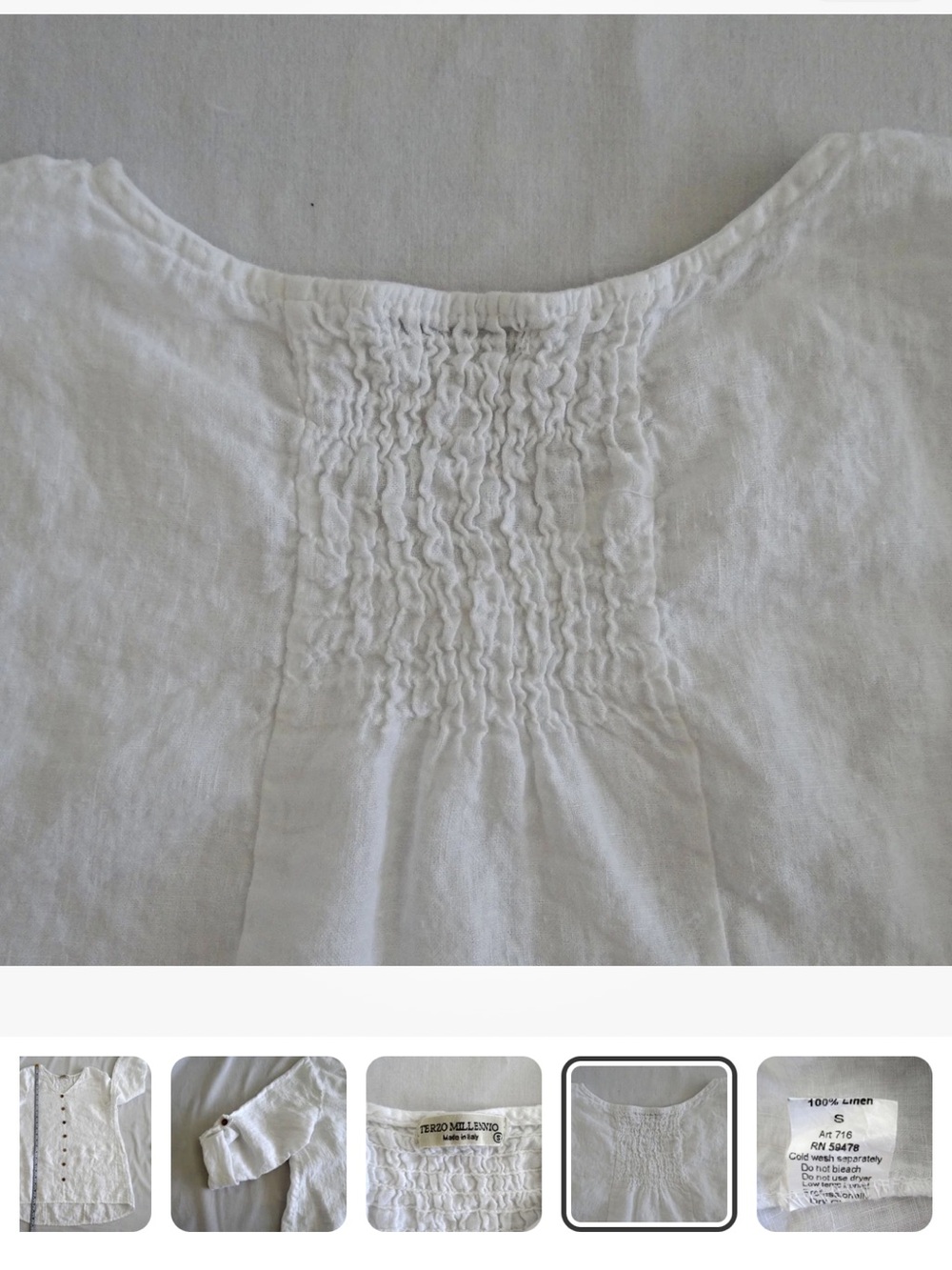 White Linen Button-Front Italy V-Neck Blouse small lagenlook - Picture 8 of 9